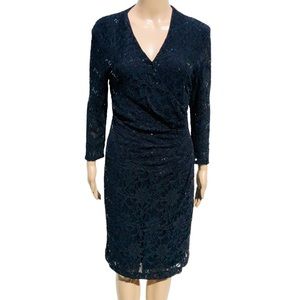 Ralph Lauren black knee length dress with long sleeves, sequins & lace Sz 8